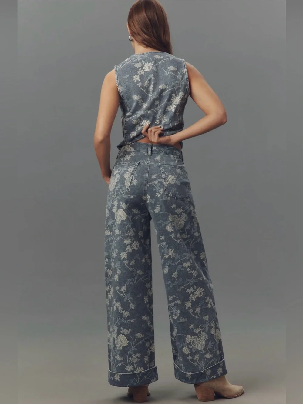 PILCRO The Leon Double Hem High-Rise Wide-Leg Cuffed Jeans Floral 30 - Picture 3 of 15